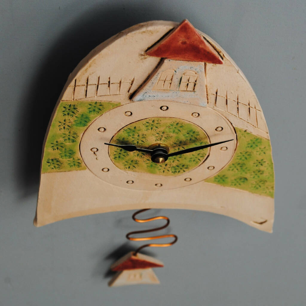 Ceramic Pendulum Wall Clock with Green Meadow and House