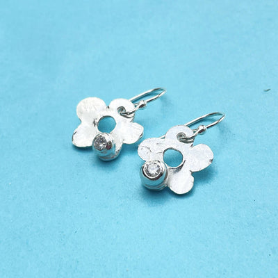 Flower Fine Silver Earrings with Clear Stone