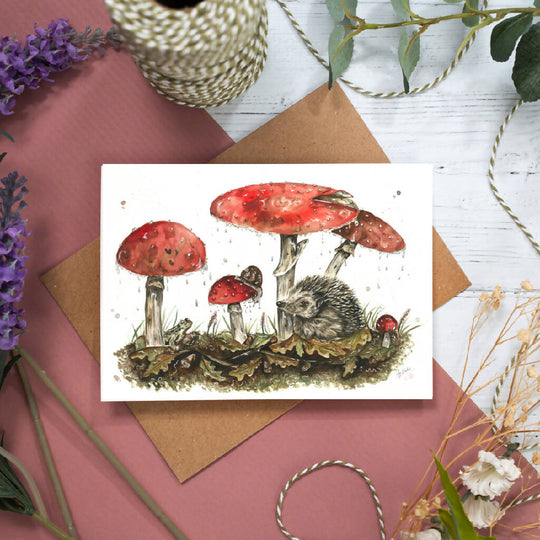 Hedgehog and Toadstools Greeting Card