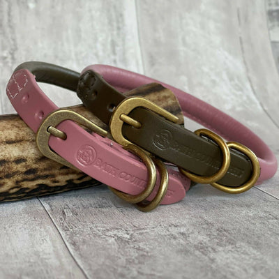 Rolled Leather Dog Collar Clover Pink with 'Grouse' Green