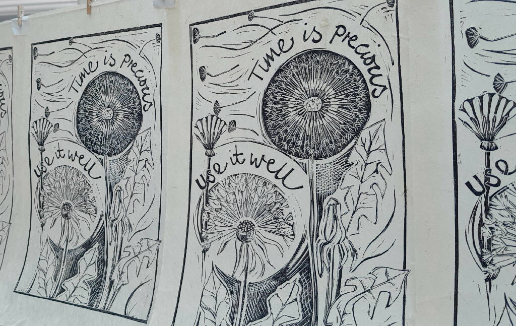 'Time is Precious' Linocut Print on Handmade Paper, in Black