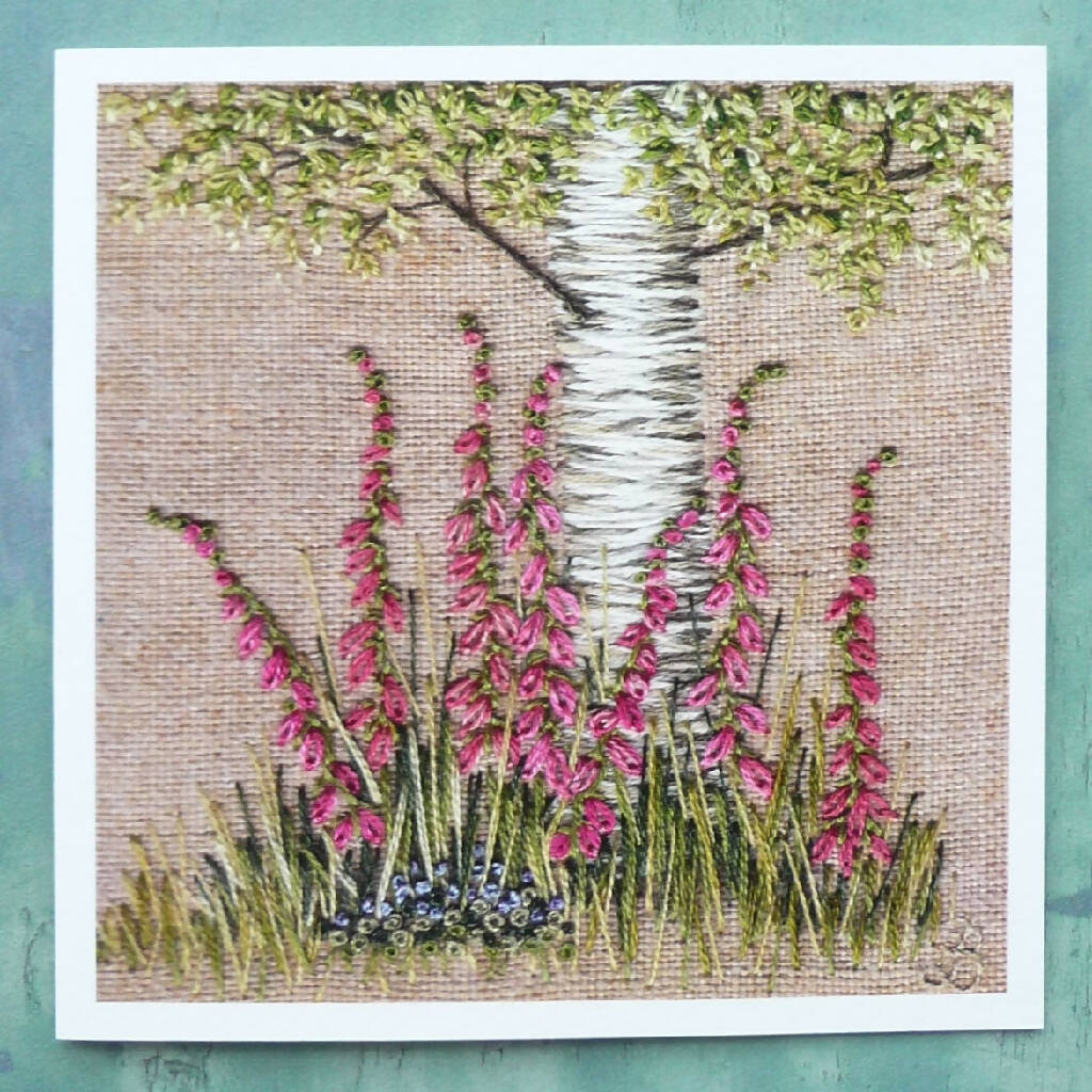 Foxgloves Under the Silver Birch greetings card