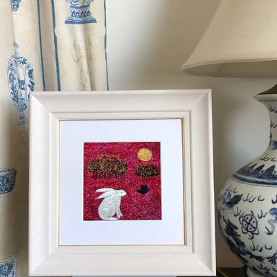 Indian Summer Framed Embroidered Artwork with White Hare Black Bird and Trees