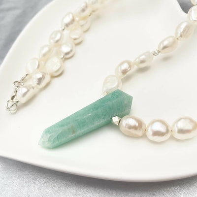 Amazonite Point and Freshwater Pearl Sterling Silver Necklace
