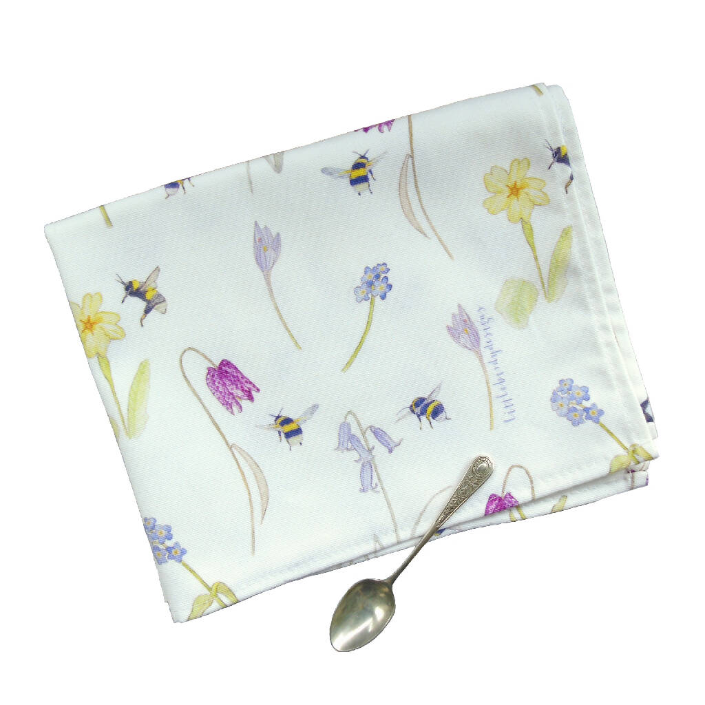 Bee and Spring Flowers Premium Cotton Tea Towel