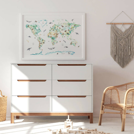 Wildlife World Map Watercolour Print