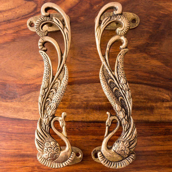 Antique Brass Door Handle - Peacock Pair