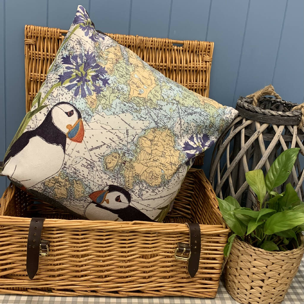 Puffins at the Isles of Scilly Cornwall Faux Suede Cushion