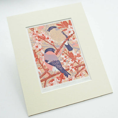 Cherry Plum Bullfinches - Limited Edition - Original Linocut Print