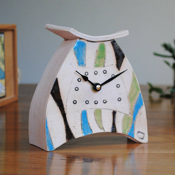 Striped Mantel Clock in Blue, Green and Metallic Black