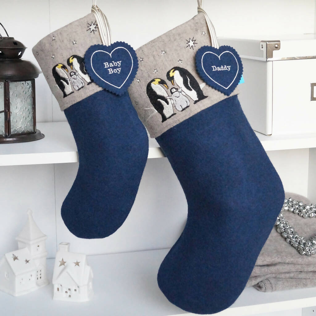 Embroidered Penguin and Chicks Christmas Stocking