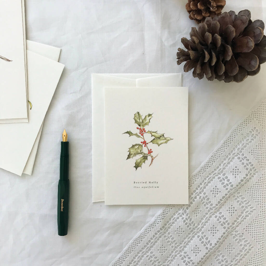 Berried Holly Vintage Style Botanical Watercolour Illustrated Christmas Card