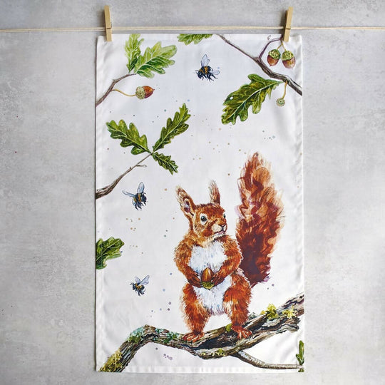 Squirrel in Oak Tree Cotton Tea Towel