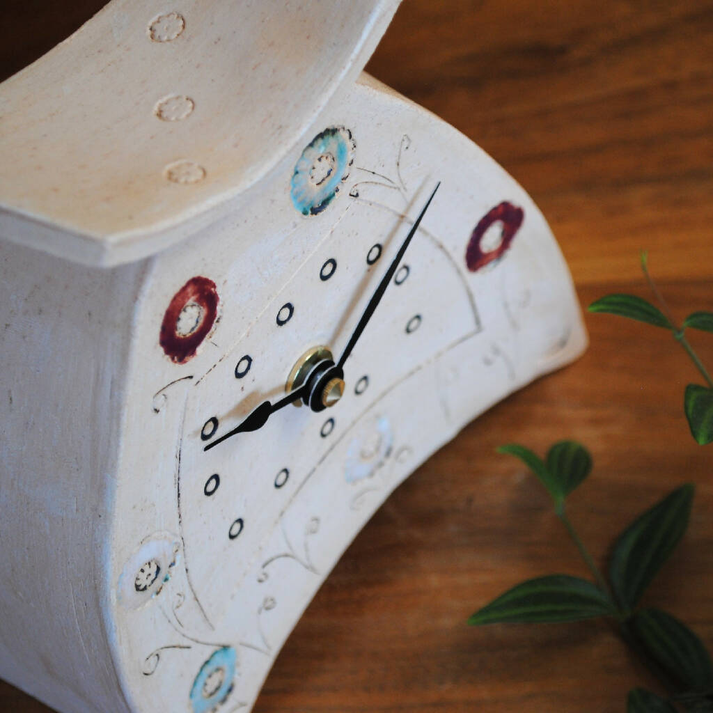 Daisy Mantel Clock in White, Burgundy and Turquoise