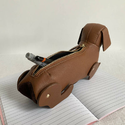 Leather Sausage Dog Pencil Case in Tan