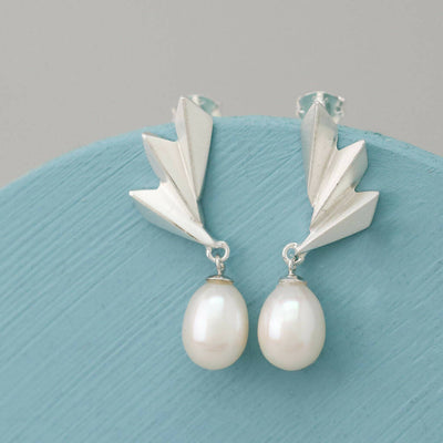 Geometric Fan Drop Earrings with Pearls in Solid Sterling Silver