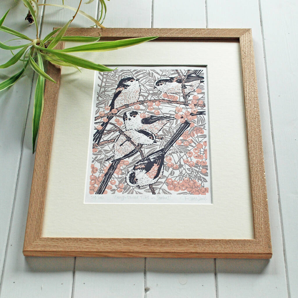 Long-tailed Tits in Sorbus - Limited Edition - Original Linocut Print