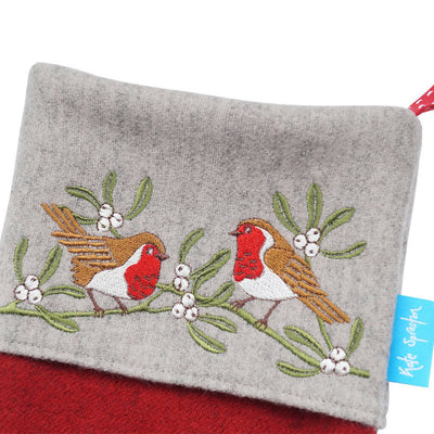 Embroidered Robin and Mistletoe Christmas Stocking