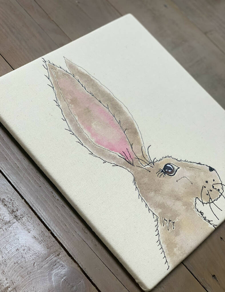 Hand Painted and Free Machine Stitched Rabbit Artwork