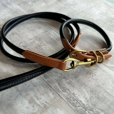 Rolled Leather Dog Lead Black with Tan