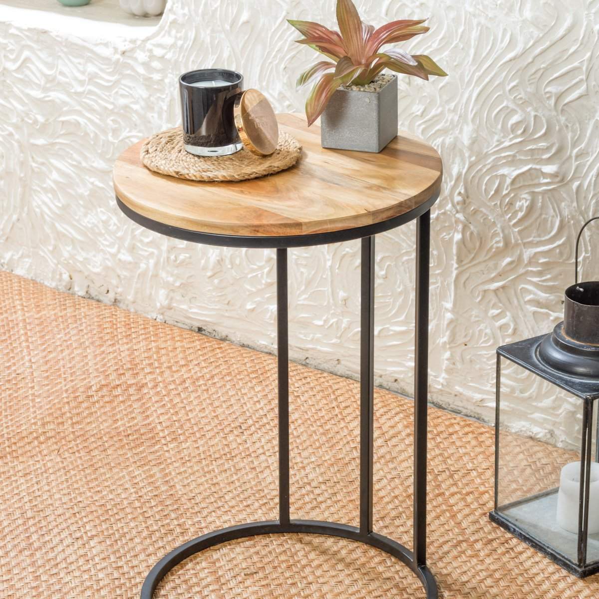 Round Natural Acacia Wood Side Table