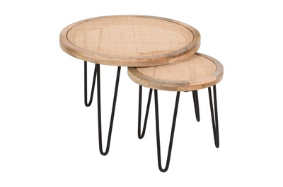 Round cane side table with rustic natural finish