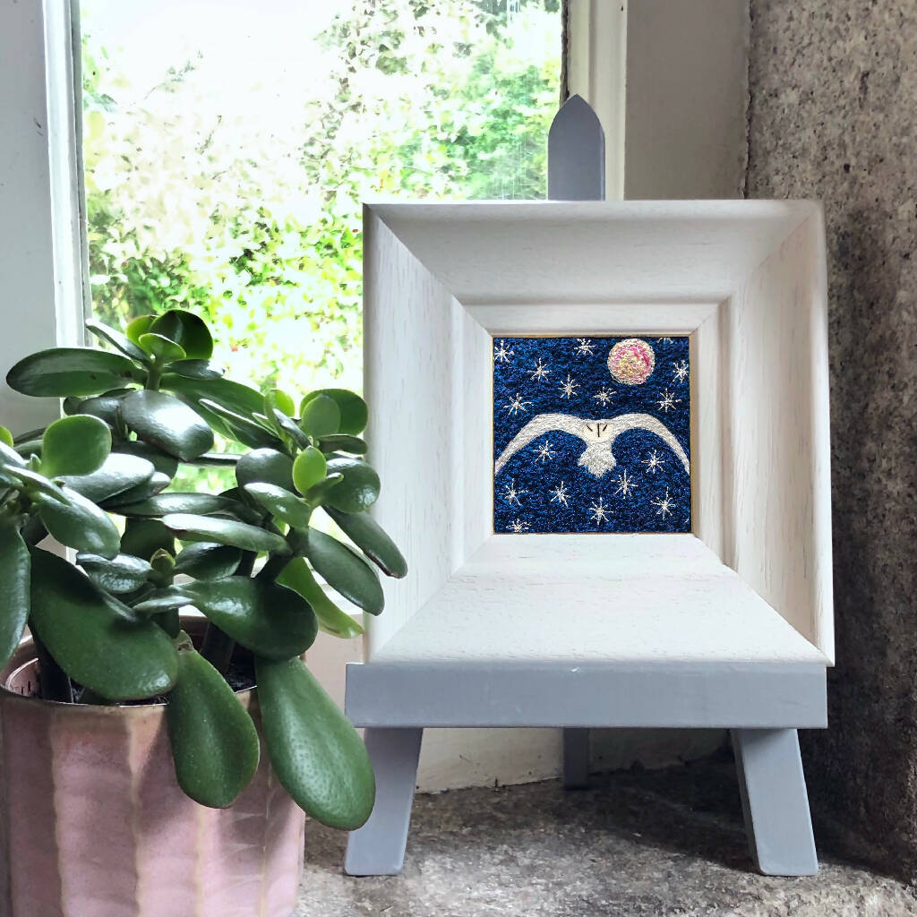 Silver Starlight Embroidered Artwork with White Owl and Stars