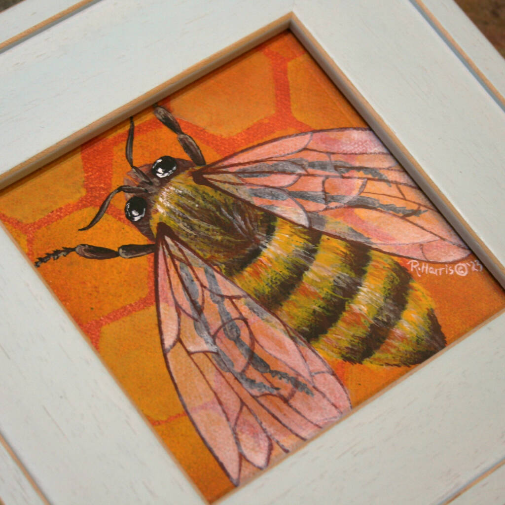 Honeybee Original Minature Artwork in Blue Display Frame