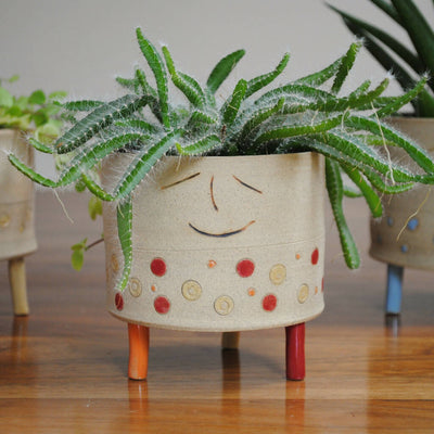 Smiley Face and Polka Dot Ceramic Plant Pot with Legs