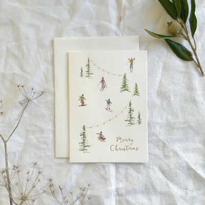 Skiers and Chalet Snowy Mountain Christmas Card Set