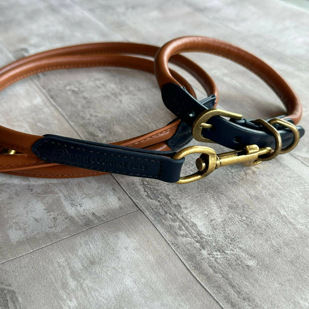 Rolled Leather Dog Lead Navy