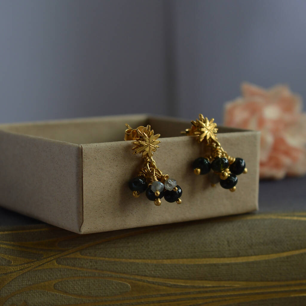 Gold Plated Silver Stars with Tourmalines and labradorite Drop Earrings
