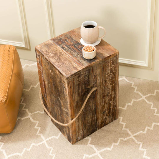 Distressed Wood Design Block Side Table - Small