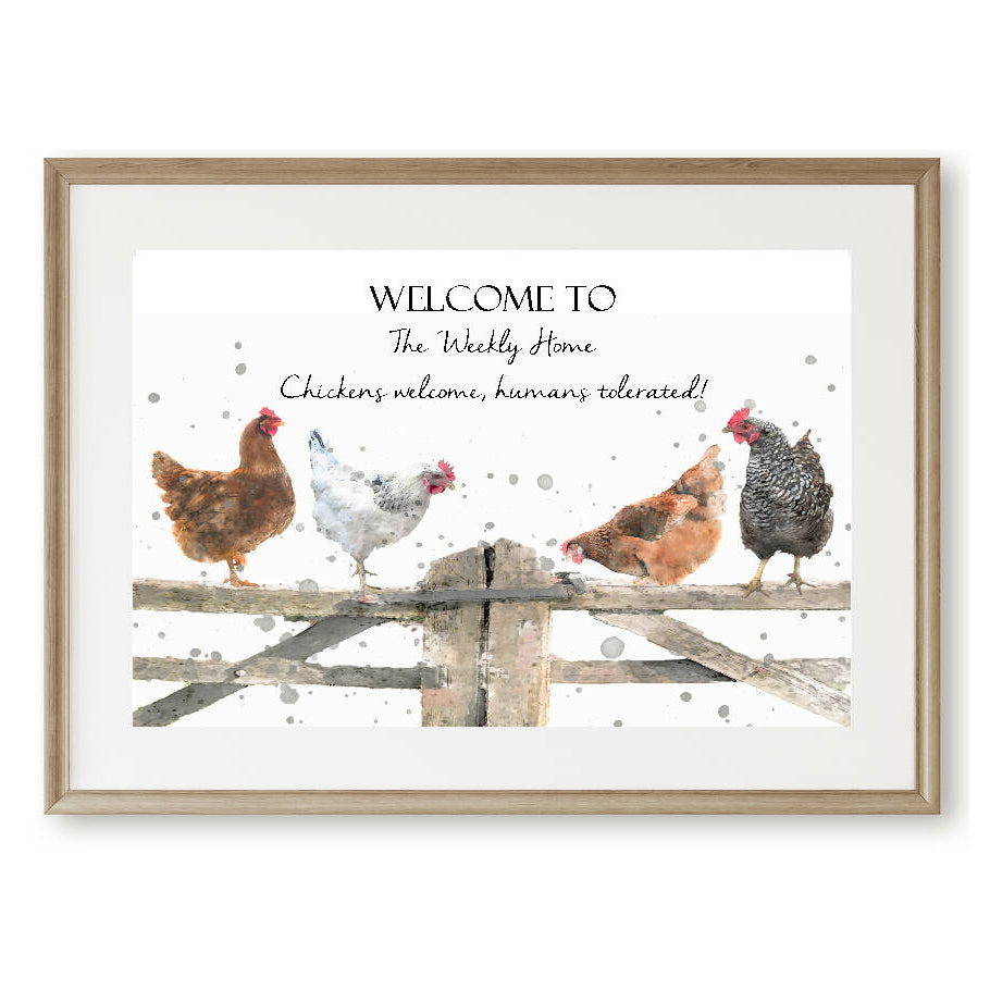 Personalised Chickens On Rural Gate Print