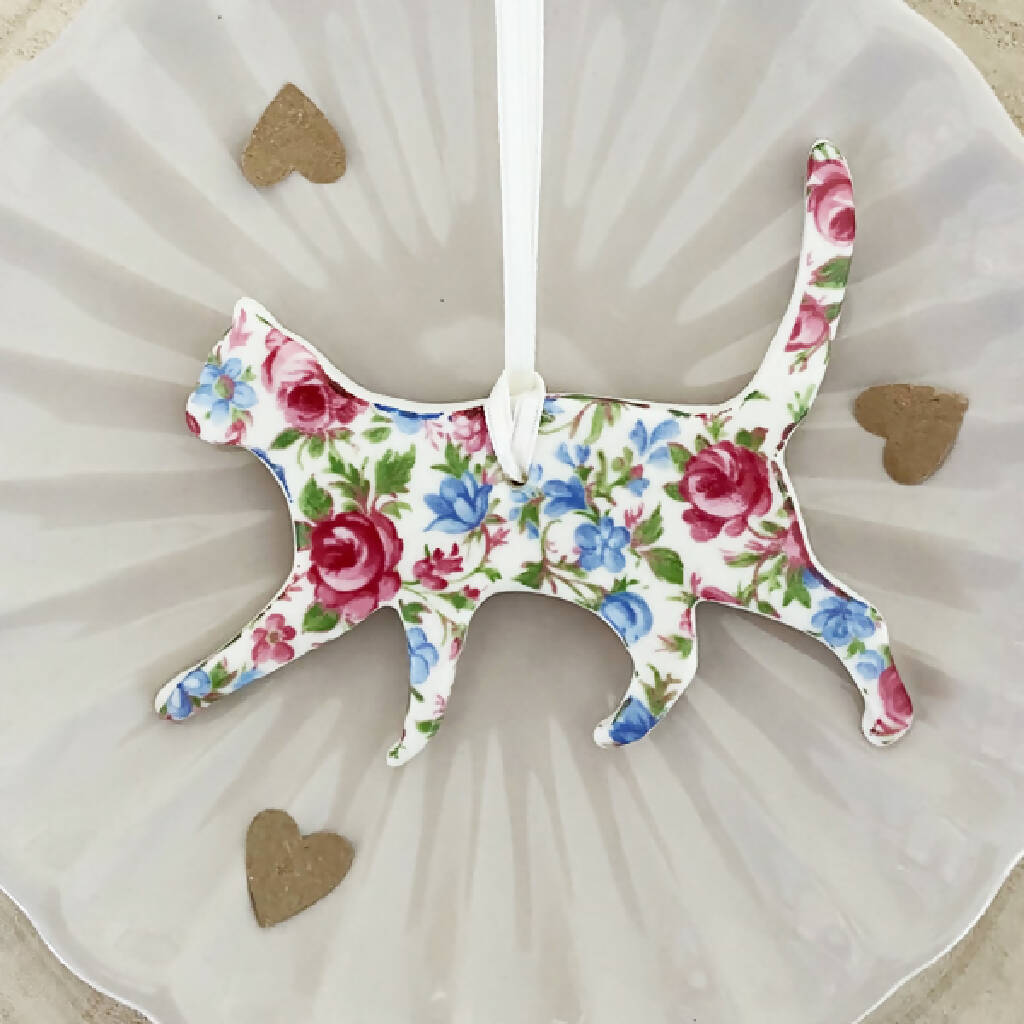 Porcelain Floral Cat Decoration