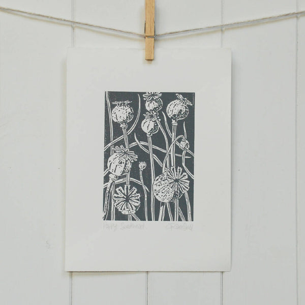 Poppy Seedhead in Charcoal - Open Ended Edition - Original Linocut Print