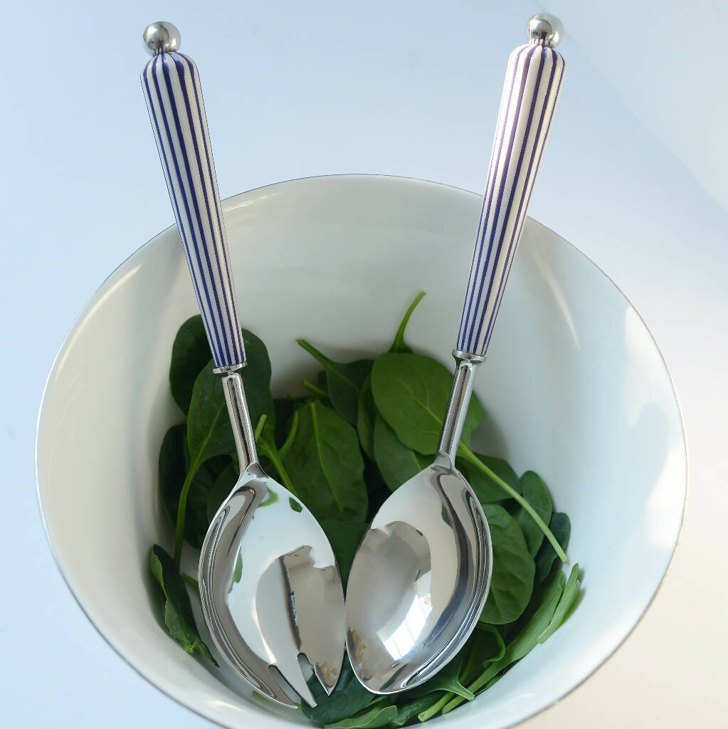 Salad Servers with Blue & White Striped Handle