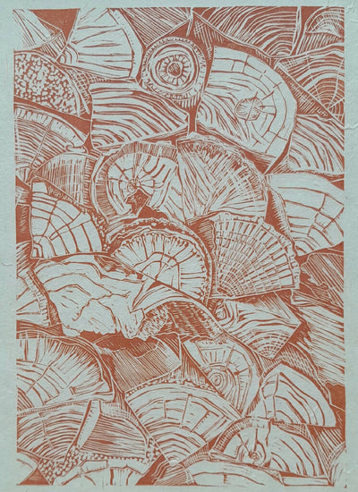 'Autumn Logpile' Linocut Print on Handmade Paper, in Terracotta