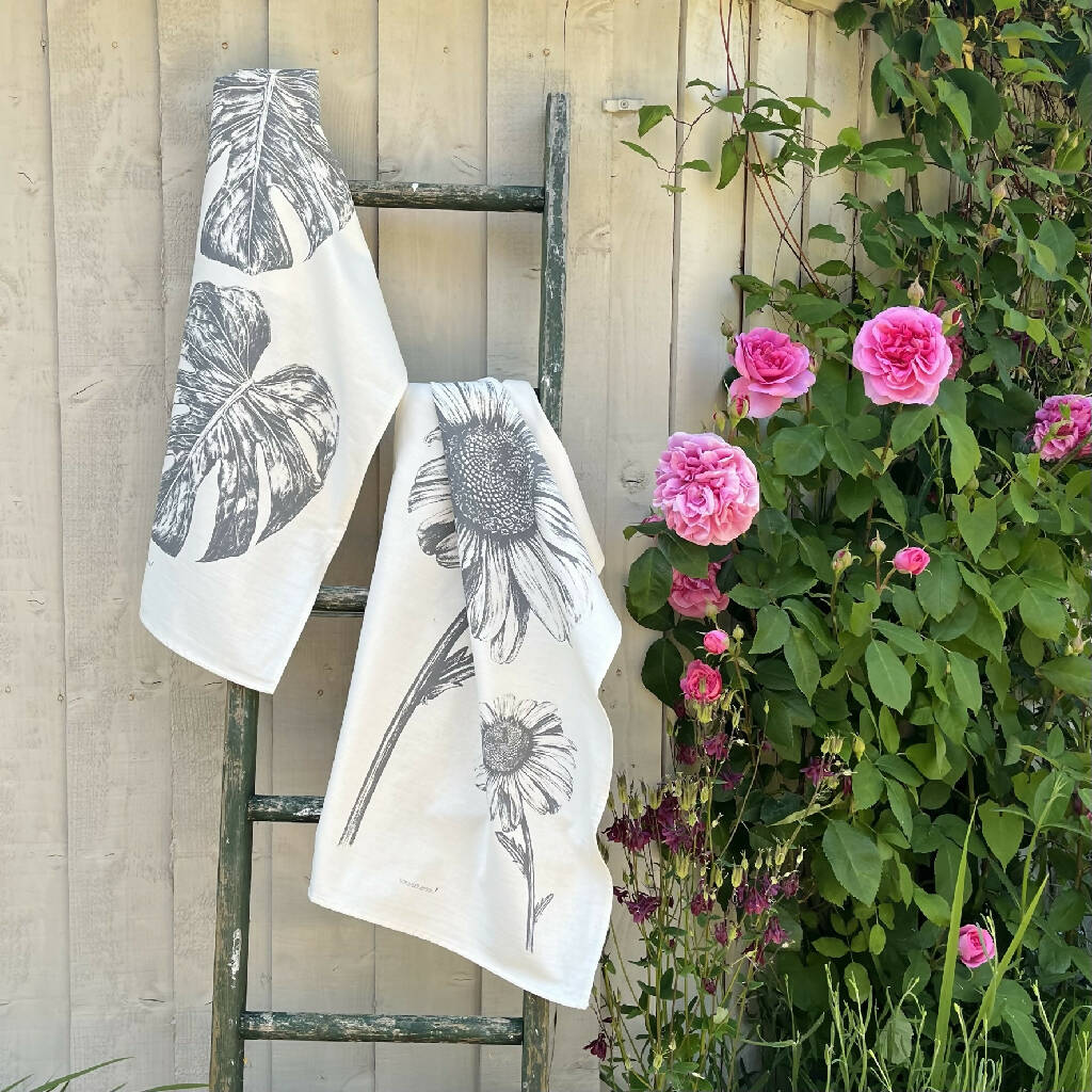 Set of Two Natural Cotton Tea Towels ~ Daisy and Monstera