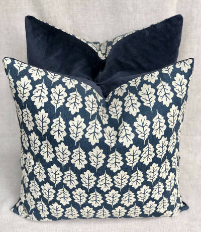 Oak Leaf & Navy Velvet-Backed Cushion