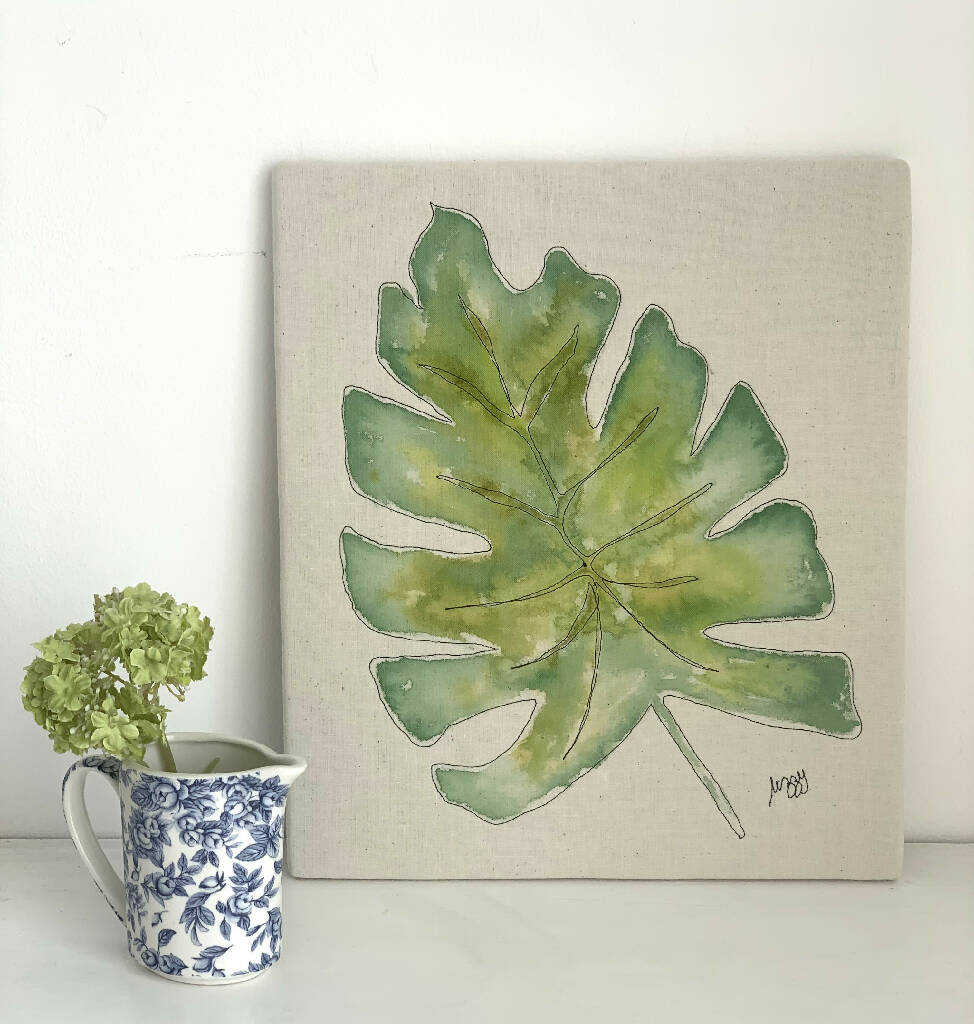 Monstera Watercolour Painting with Machine Stitch Detail