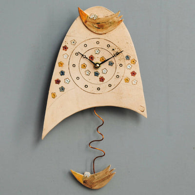 Birds and Meadow Ceramic Wall Clock with Pendulum