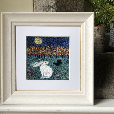 Dream with Me Framed Embroidered Artwork White Hare Black Bird and Trees