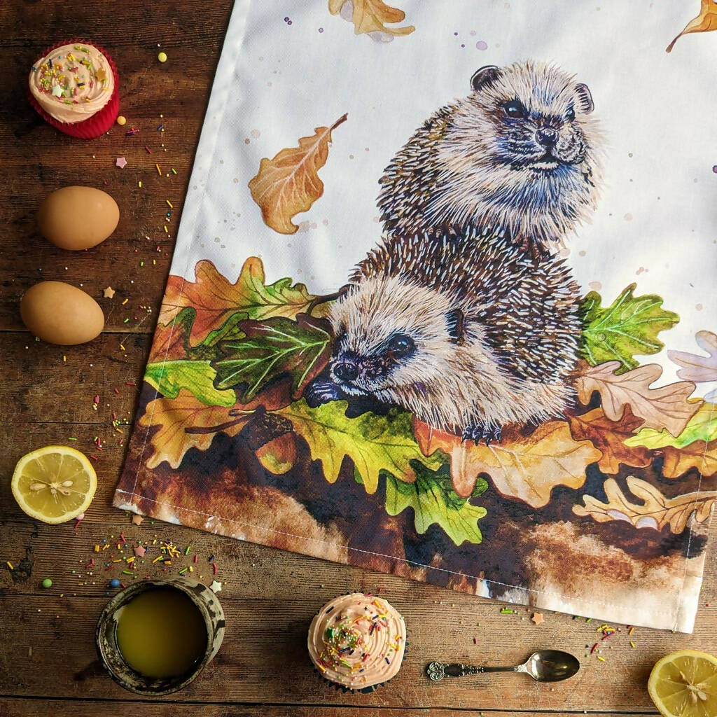 Autumn Hedgehogs Cotton Tea Towel