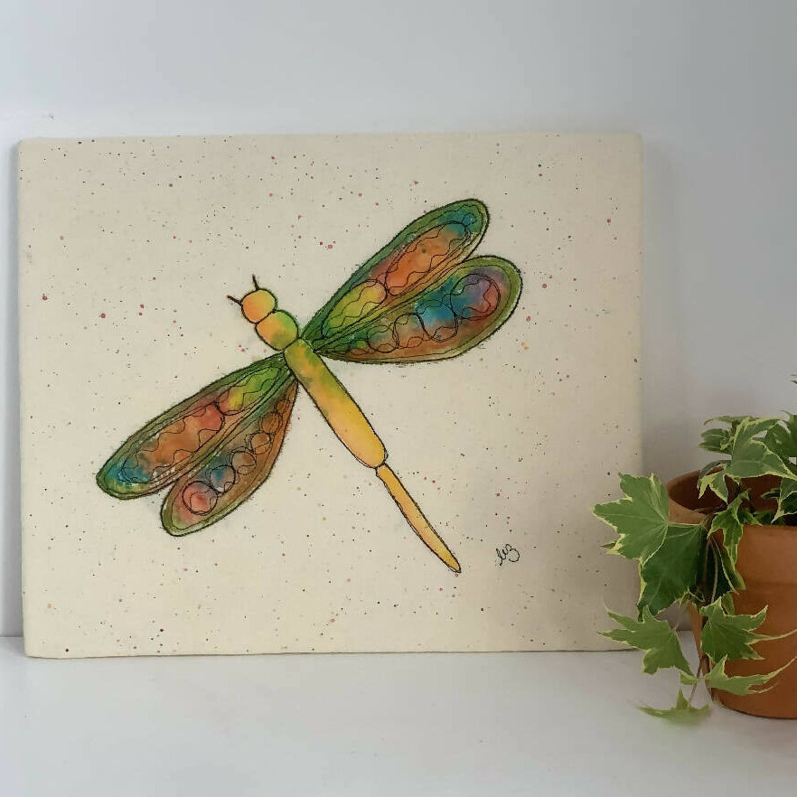 Vibrant Dragonfly in Watercolour and Machine Stitch Wall Art