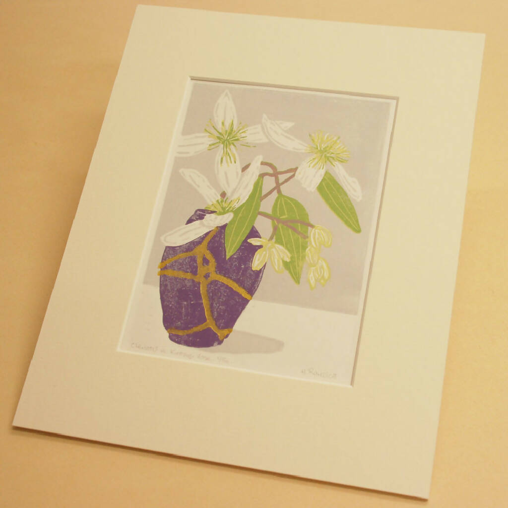 Clematis in Kintsugi Vase - Limited Edition - Original Linocut Print