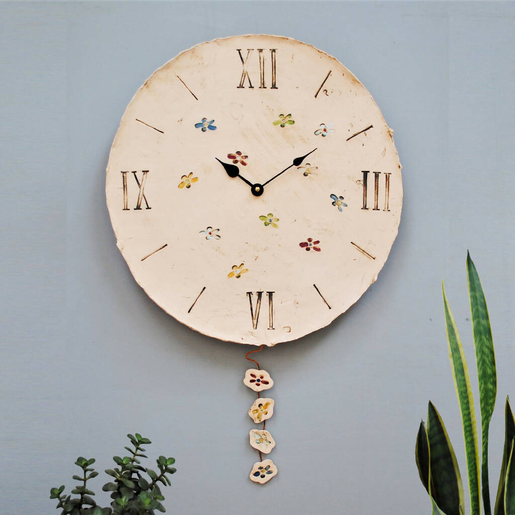 Large Round Cream Wall Clock with Floral Pattern
