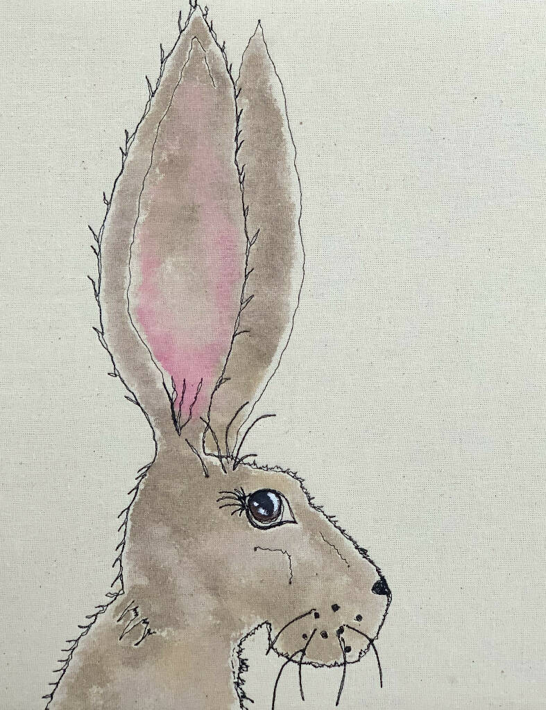 Hand Painted and Free Machine Stitched Rabbit Artwork