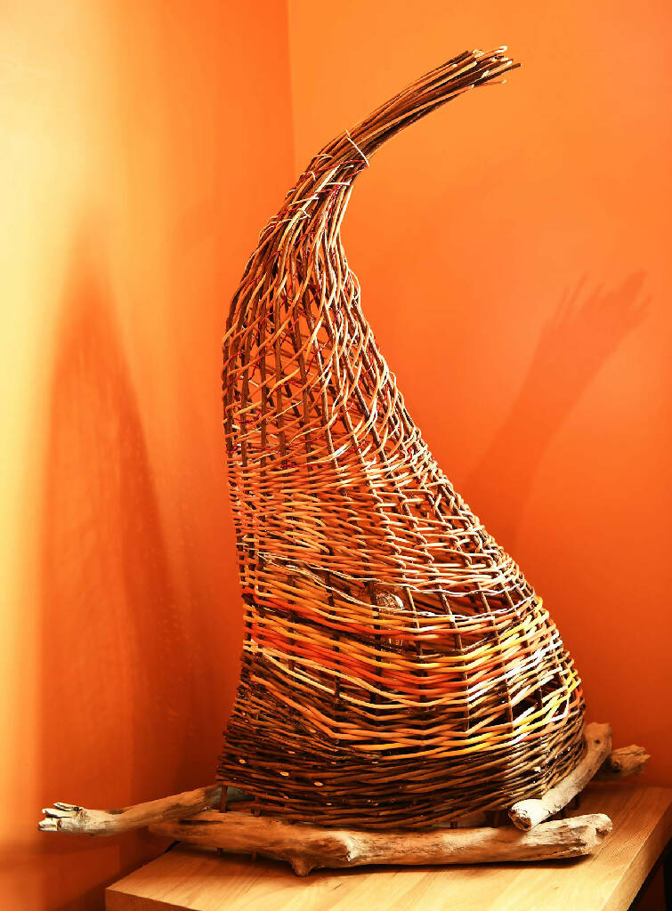 Homefires Lamp woven from Dyed Cane, Willow, Wire and Driftwood