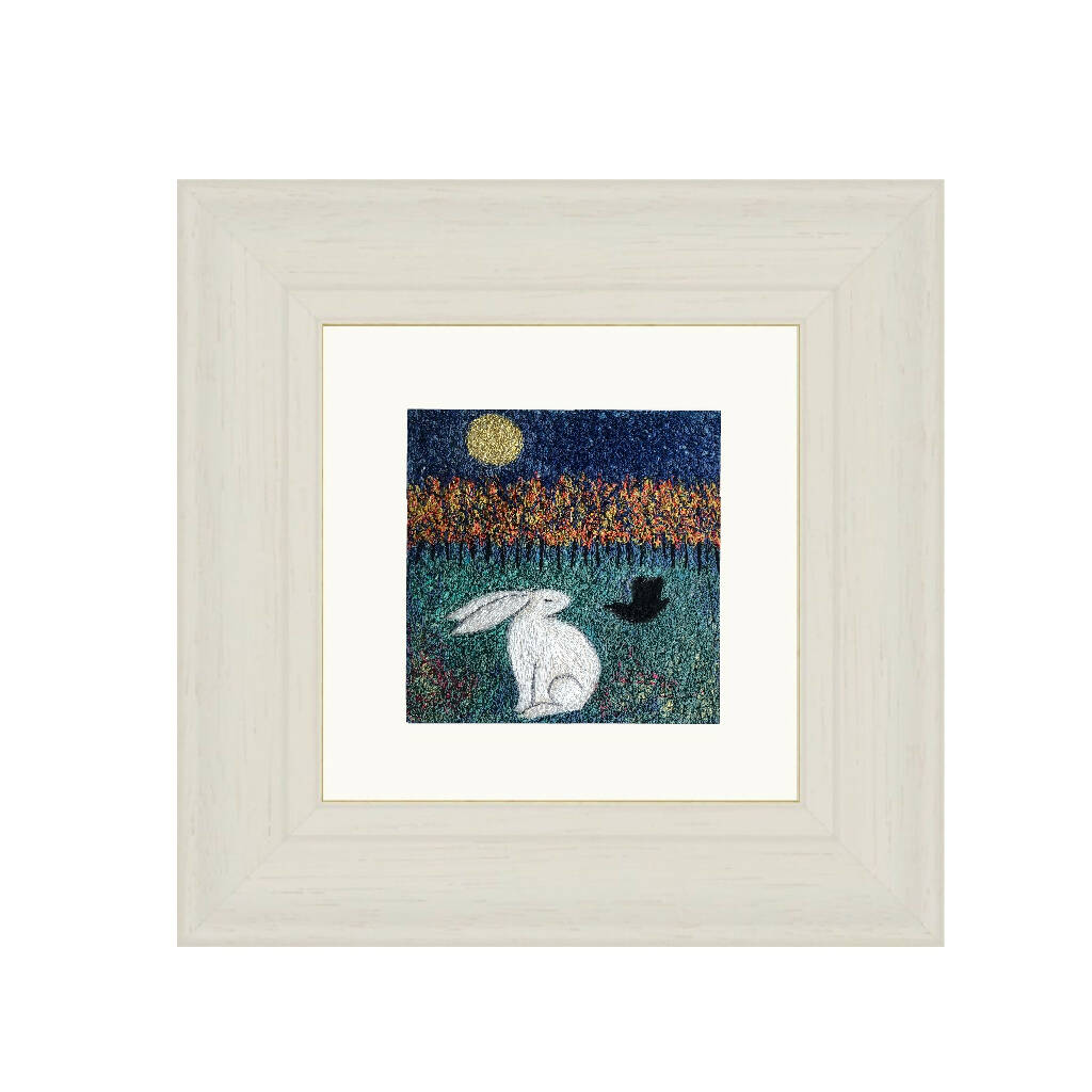 Dream with Me Framed Embroidered Artwork White Hare Black Bird and Trees 2